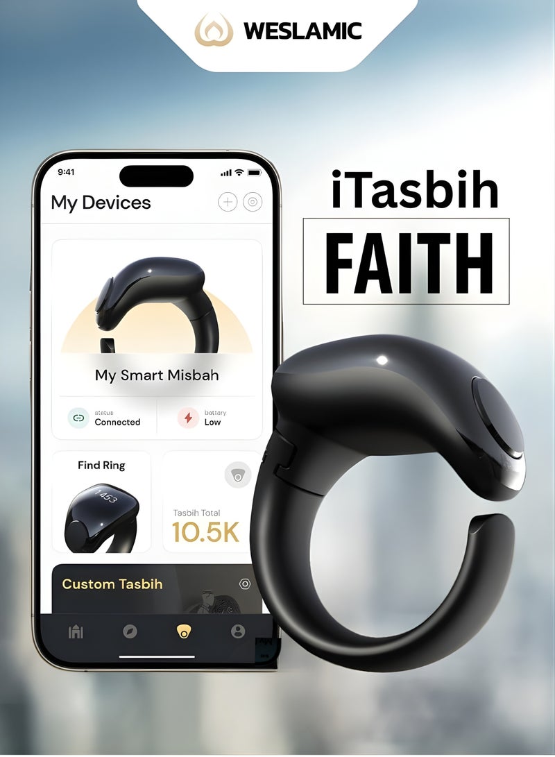 WESLAMIC iTasbih (Faith) Smart Tasbih Ring – OLED Display Digital Zikr Counter with Prayer Reminders, Bluetooth Enabled, Waterproof, Wireless Charging | 5 Adjustable Sizes | Premium Islamic Gift for Ramadan & Eid - Image 1